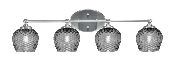 The Capri bath bar combines brushed nickel elegance with smoke textured glass for refined vanity lighting. Its 31.5-inch span suits larger bathroom spaces, offering versatile up or down mounting and dimmable functionality.