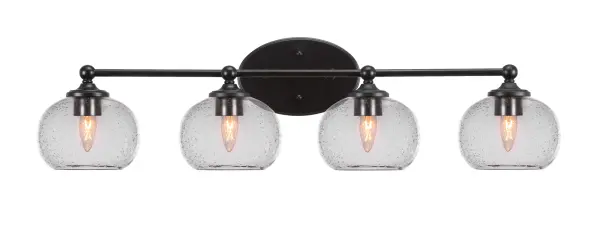 The Capri 4 Light Bath Bar combines contemporary matte black styling with unique textured bubble glass shades. Its 32-inch width provides excellent illumination for medium to large vanities, while reversible mounting offers design flexibility.