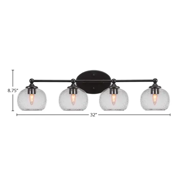 The Capri 4 Light Bath Bar combines contemporary matte black styling with unique textured bubble glass shades. Its 32-inch width provides excellent illumination for medium to large vanities, while reversible mounting offers design flexibility. - alternate view