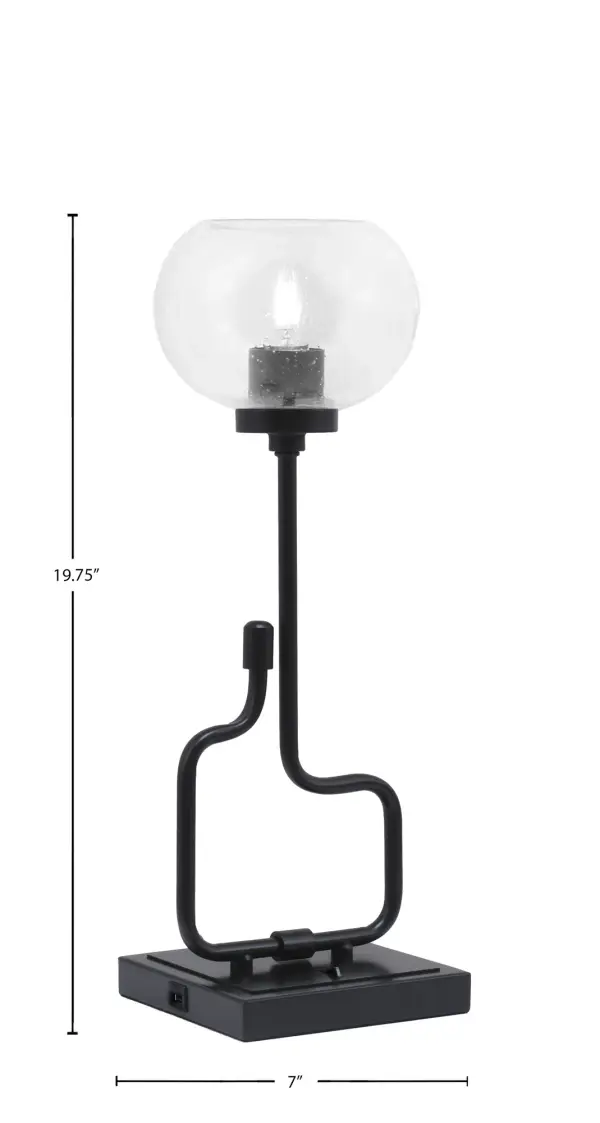 The Sandia Accent Lamp combines contemporary style with practical functionality. Its matte black finish and unique bubble glass shade create visual interest, while built-in USB ports add modern convenience for charging devices. - alternate view