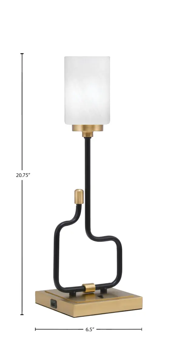 The Sandia Accent Lamp combines contemporary style with practical functionality. Featuring a sophisticated matte black and aged brass finish with elegant white marble glass shade, this compact lamp includes built-in USB ports for device charging—perfect for modern living. - alternate view