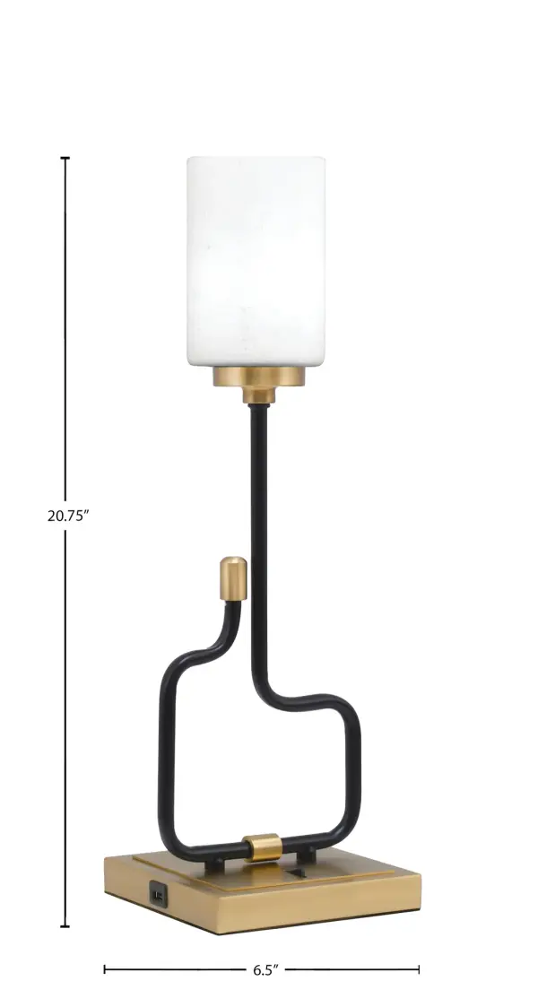 The Sandia Accent Lamp combines contemporary style with practical functionality. Its matte black and aged brass finish creates visual interest, while built-in USB ports add modern convenience for charging devices. - alternate view
