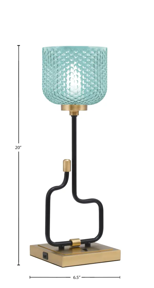 The Sandia Accent Lamp combines contemporary style with practical functionality. Its striking turquoise textured glass shade and mixed metal finish create visual interest, while built-in USB ports add modern convenience for bedside or desk use. - alternate view