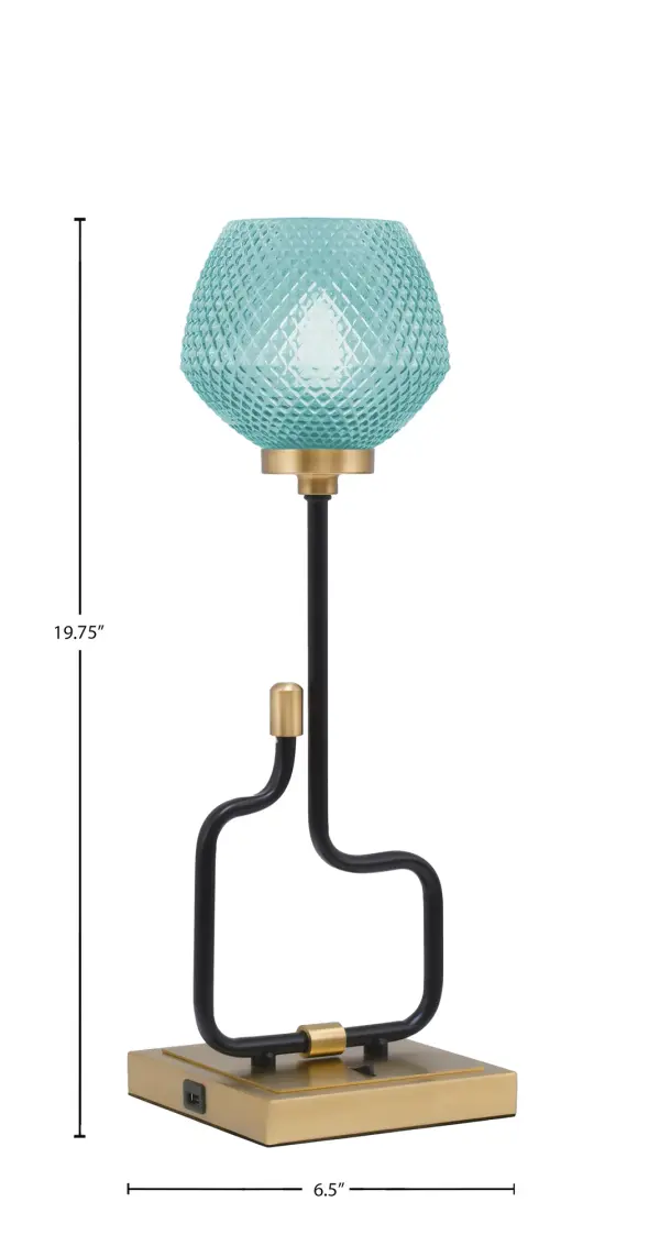 The Sandia Accent Lamp combines contemporary style with practical functionality. Its striking turquoise textured glass shade creates a warm, colorful glow while the dual-finish base adds visual interest. Built-in USB ports make it perfect for modern living. - alternate view