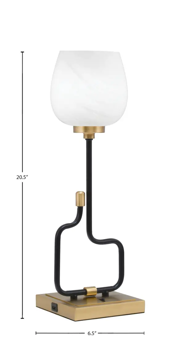 The Sandia Accent Lamp combines sophisticated style with practical functionality. Its matte black and aged brass finish creates visual interest, while the white marble glass shade provides soft, diffused lighting. Built-in USB ports add modern convenience for charging devices. - alternate view