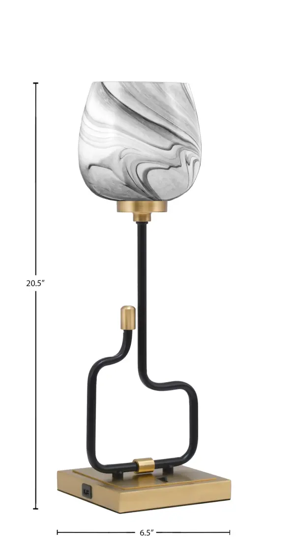The Sandia Accent Lamp combines sophisticated mixed-metal finishes with practical USB charging ports. Its compact 20.5-inch height and striking onyx swirl glass shade make it perfect for bedside tables and desks. - alternate view
