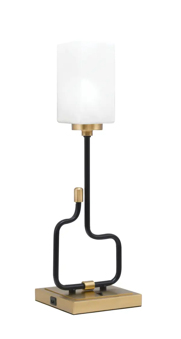 The Sandia Accent Lamp combines contemporary style with practical functionality. Featuring a sophisticated matte black and aged brass finish with elegant white marble glass shade, this compact lamp includes built-in USB ports for device charging—perfect for modern living.