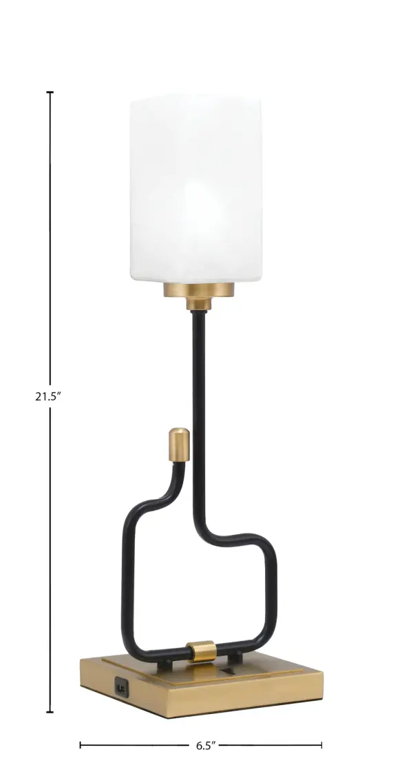 The Sandia Accent Lamp combines contemporary style with practical functionality. Featuring a sophisticated matte black and aged brass finish with elegant white marble glass shade, this compact lamp includes built-in USB ports for device charging—perfect for modern living. - alternate view