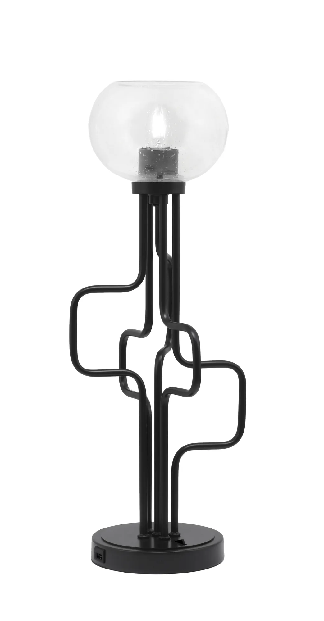 Sandia Accent Lamp with USB Ports - Matte Black with Clear Bubble Glass