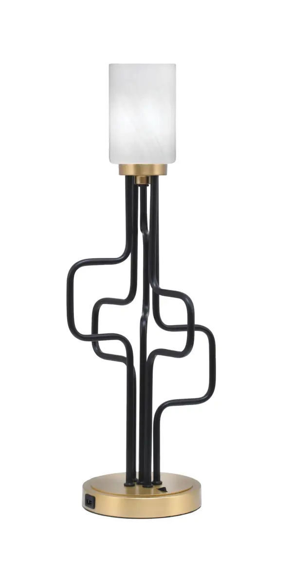 The Sandia Accent Lamp combines contemporary style with practical functionality. Its two-tone matte black and aged brass finish creates visual interest, while the white marble glass shade provides soft, diffused lighting. Built-in USB ports add modern convenience for charging devices.