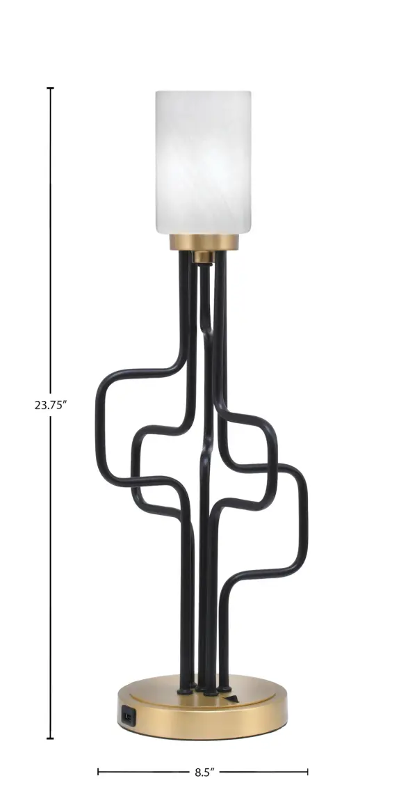 The Sandia Accent Lamp combines contemporary style with practical functionality. Its two-tone matte black and aged brass finish creates visual interest, while the white marble glass shade provides soft, diffused lighting. Built-in USB ports add modern convenience for charging devices. - alternate view