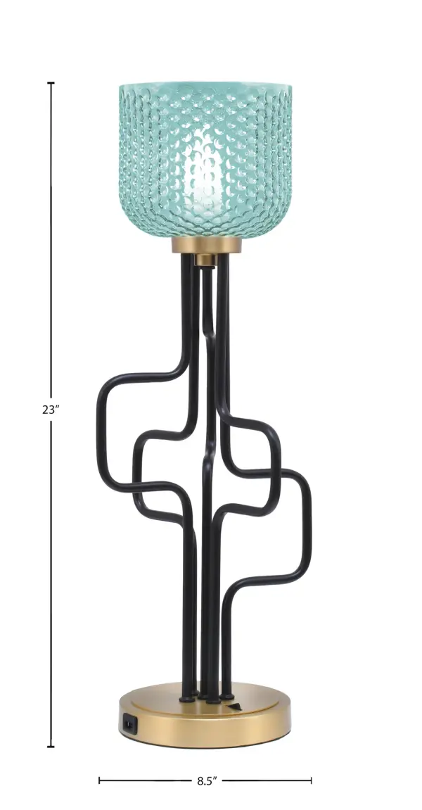 The Sandia Accent Lamp combines contemporary style with practical functionality. Its mixed metal finish and turquoise textured glass create visual interest, while built-in USB ports add modern convenience for bedside or desk use. - alternate view