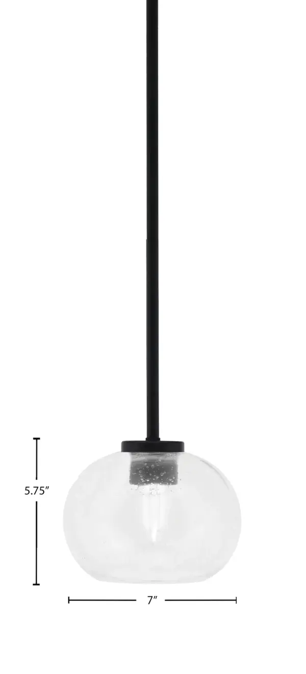 The Sandia mini pendant combines industrial styling with modern elegance through its matte black finish and unique clear bubble glass shade. At just 7 inches wide, it's perfectly sized for kitchen islands, dining areas, or entryways where you need focused task lighting with visual interest. - alternate view