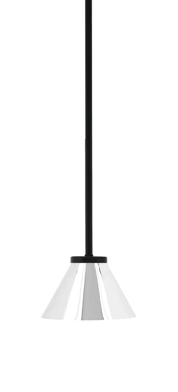 The Sandia Mini Pendant combines contemporary style with industrial flair through its matte black finish and chrome cone shade. At just 7" wide, it's ideal for task lighting over counters or clustered installations.