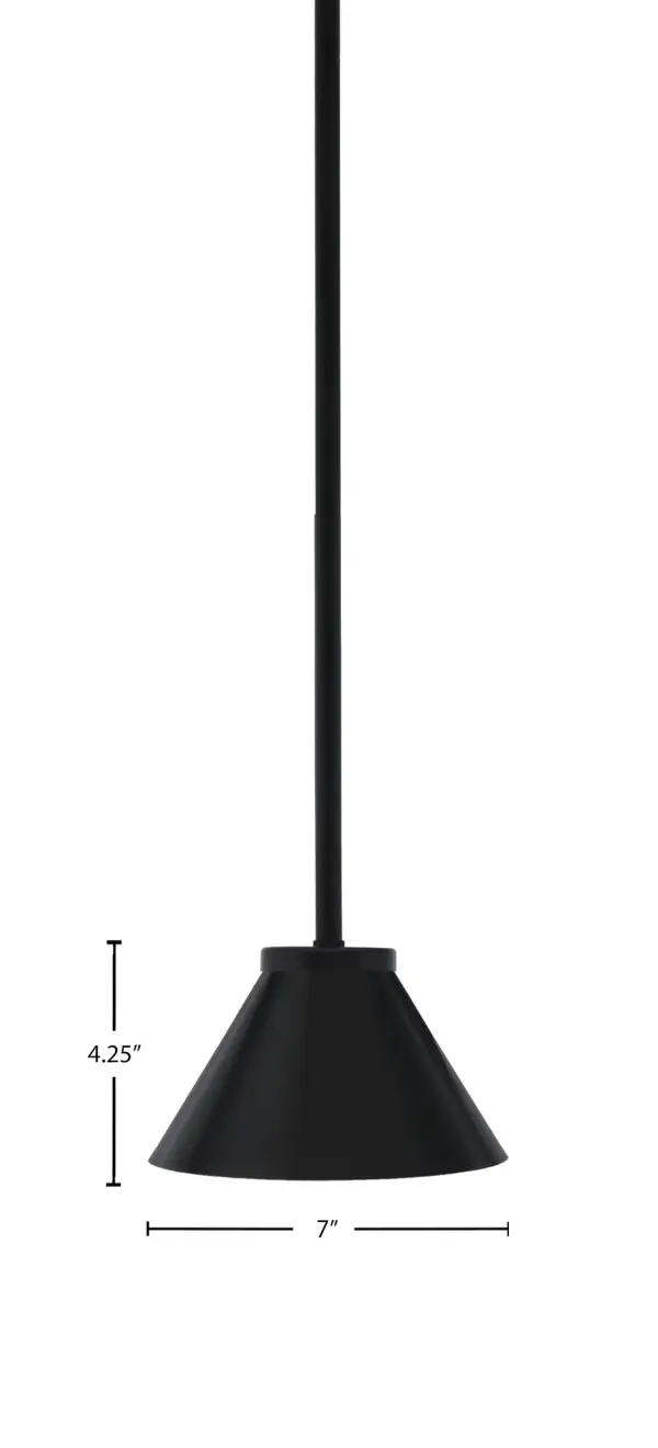 The Sandia mini pendant delivers modern industrial style in a compact 7-inch profile. Its matte black cone shade and adjustable stem make it ideal for kitchen islands, breakfast nooks, or task lighting applications. - alternate view