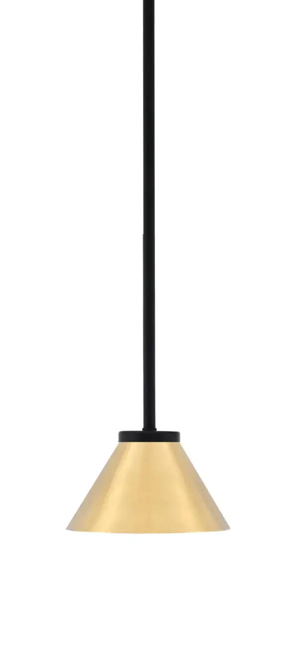 The Sandia mini pendant combines matte black hardware with a warm brass cone shade for an industrial-modern aesthetic. Its compact 7-inch size makes it ideal for multiples over islands or as accent lighting in smaller spaces.