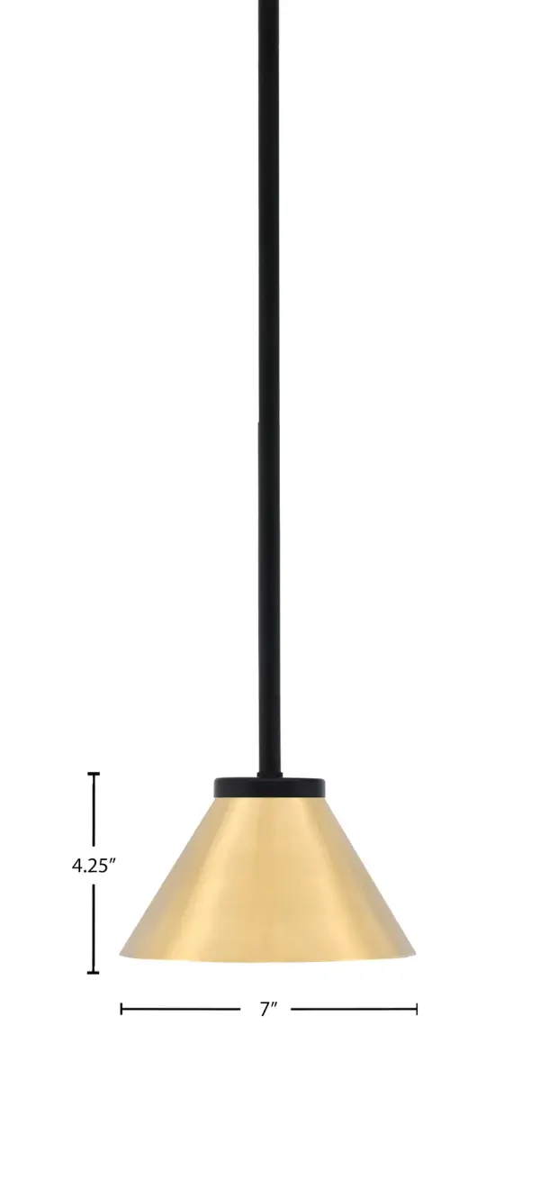 The Sandia mini pendant combines matte black hardware with a warm brass cone shade for an industrial-modern aesthetic. Its compact 7-inch size makes it ideal for multiples over islands or as accent lighting in smaller spaces. - alternate view