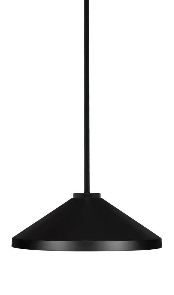 The Sandia pendant combines industrial style with modern simplicity. Its 14" matte black cone shade and adjustable stem make it versatile for various ceiling heights. Ideal for task lighting over islands or ambient lighting in dining areas.