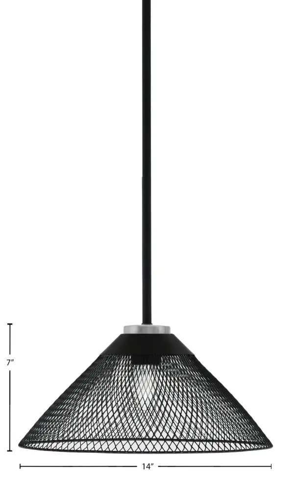 The Sandia pendant combines industrial style with modern sophistication through its matte black and graphite finish and unique cone mesh metal shade. At 14" wide, it's perfectly sized for kitchen islands, dining areas, or as an accent light. - alternate view
