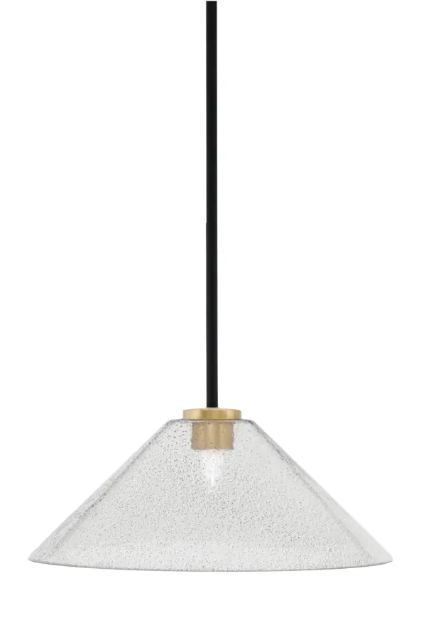 The Sandia pendant combines matte black and aged brass finishes with distinctive smoke bubble glass for a refined industrial aesthetic. Its compact 16" diameter makes it ideal for kitchen islands and dining areas.