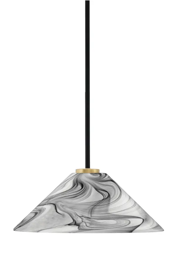 The Sandia pendant combines modern matte black with warm aged brass accents for a sophisticated two-tone look. The 16-inch onyx swirl glass shade creates beautiful light diffusion while the adjustable stem allows perfect height customization.