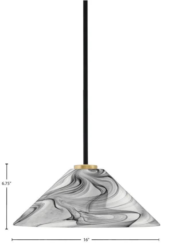The Sandia pendant combines modern matte black with warm aged brass accents for a sophisticated two-tone look. The 16-inch onyx swirl glass shade creates beautiful light diffusion while the adjustable stem allows perfect height customization. - alternate view