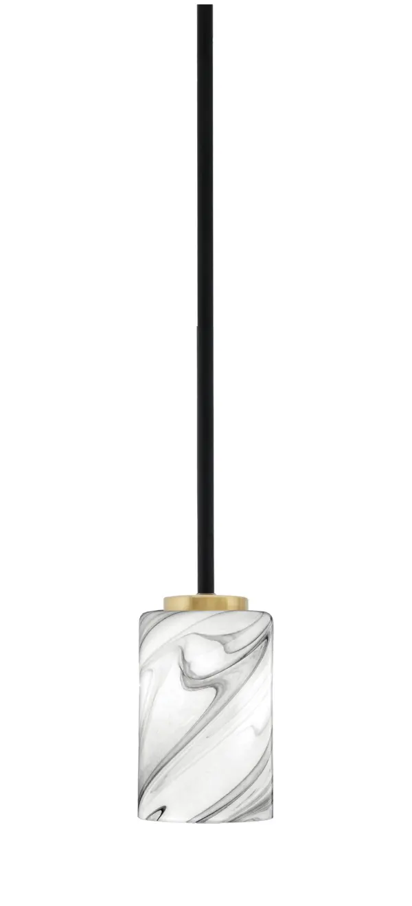 The Sandia mini pendant combines matte black and aged brass finishes with unique onyx swirl glass for a sophisticated look. Its compact 4-inch size makes it perfect for kitchen islands, dining areas, and entryways.
