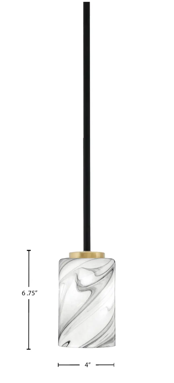 The Sandia mini pendant combines matte black and aged brass finishes with unique onyx swirl glass for a sophisticated look. Its compact 4-inch size makes it perfect for kitchen islands, dining areas, and entryways. - alternate view