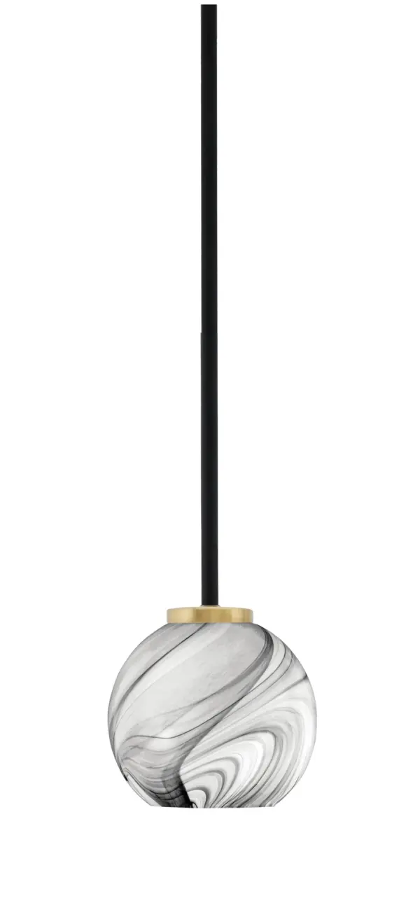 The Sandia Mini Pendant combines matte black and aged brass finishes with a distinctive onyx swirl glass shade. Its compact 5.75" size makes it ideal for kitchen islands, dining nooks, or clustered installations. Adjustable height and sloped ceiling compatibility offer versatile placement options.