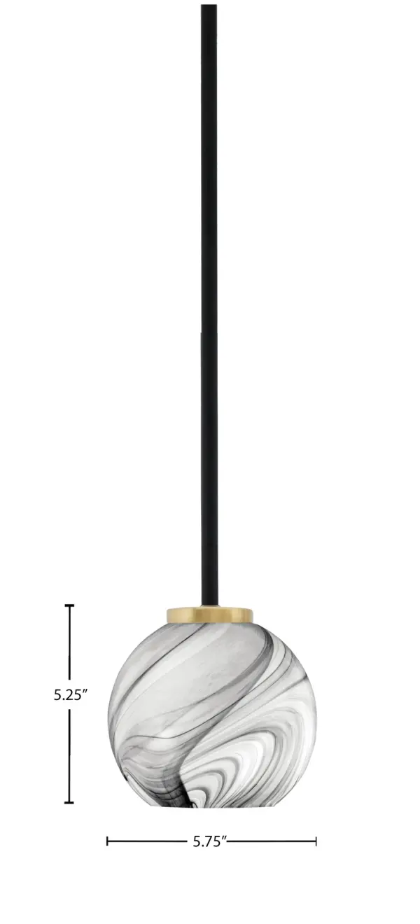 The Sandia Mini Pendant combines matte black and aged brass finishes with a distinctive onyx swirl glass shade. Its compact 5.75" size makes it ideal for kitchen islands, dining nooks, or clustered installations. Adjustable height and sloped ceiling compatibility offer versatile placement options. - alternate view