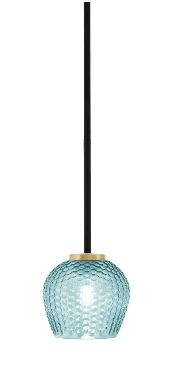 The Sandia mini pendant combines striking turquoise textured glass with mixed metal finishes for a contemporary look. Its compact 6-inch size makes it perfect for smaller spaces or clustered installations over islands and bars.