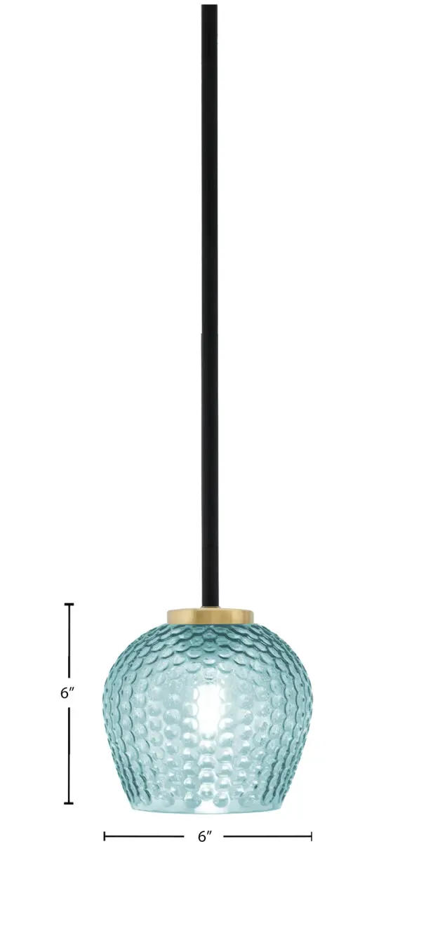 The Sandia mini pendant combines striking turquoise textured glass with mixed metal finishes for a contemporary look. Its compact 6-inch size makes it perfect for smaller spaces or clustered installations over islands and bars. - alternate view