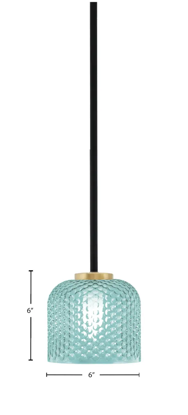 The Sandia mini pendant combines contemporary style with artisanal charm through its striking turquoise textured glass shade and sophisticated matte black and aged brass finish. Compact at 6" wide, it's perfect for adding character above kitchen islands, dining tables, or entryways. - alternate view