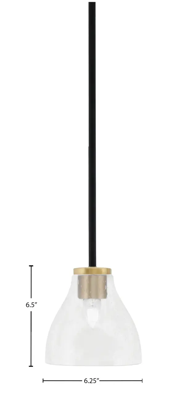 The Sandia mini pendant combines industrial charm with contemporary elegance through its two-tone matte black and aged brass finish. The 6.25" clear bubble glass shade adds textural interest while providing excellent light diffusion. - alternate view