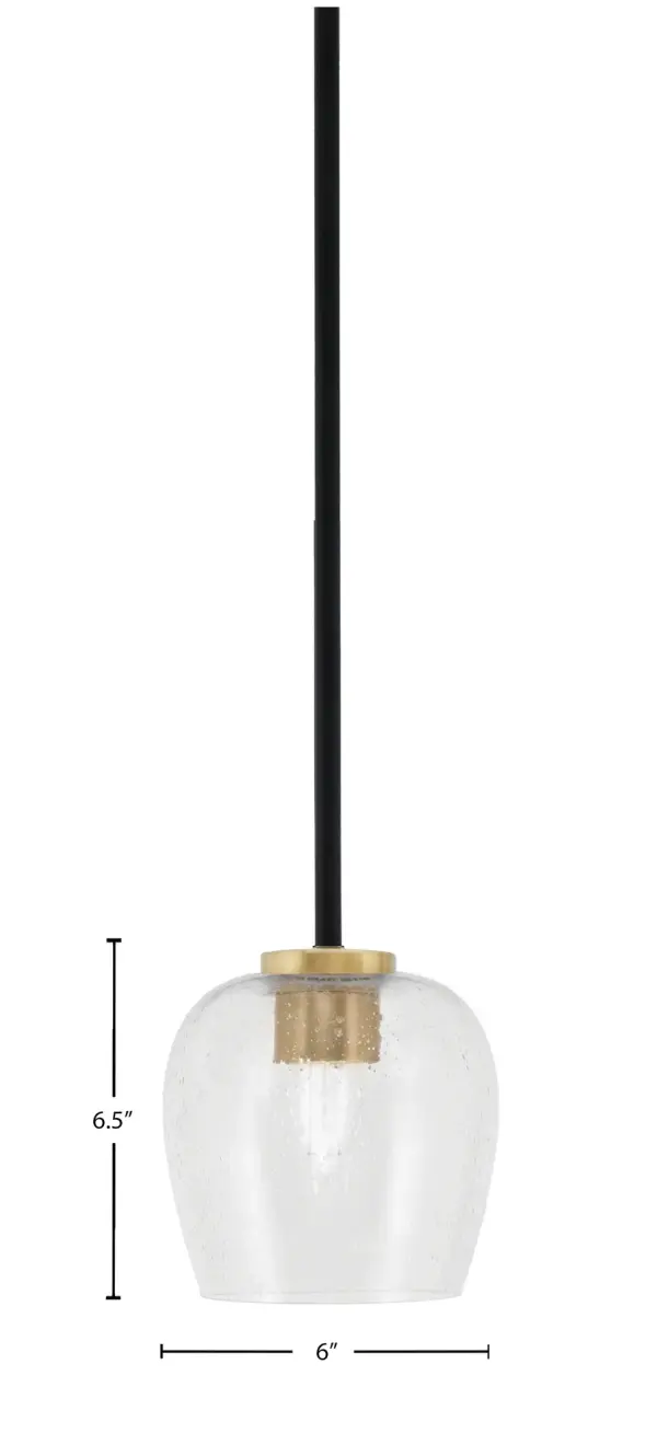 The Sandia mini pendant combines matte black and aged brass finishes with textured bubble glass for a sophisticated industrial-contemporary look. Its compact 6-inch size makes it ideal for smaller spaces or grouped installations. - alternate view