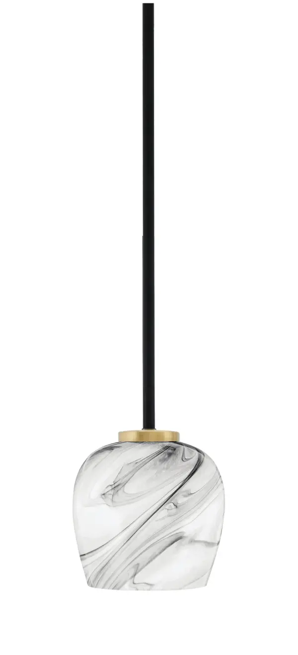 The Sandia Mini Pendant combines matte black and aged brass finishes with a 6-inch onyx swirl glass shade, delivering sophisticated style in a compact form. Perfect for task lighting or accent illumination in smaller spaces.
