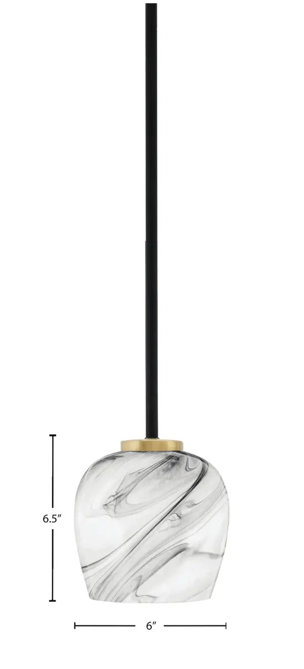 The Sandia Mini Pendant combines matte black and aged brass finishes with a 6-inch onyx swirl glass shade, delivering sophisticated style in a compact form. Perfect for task lighting or accent illumination in smaller spaces. - alternate view