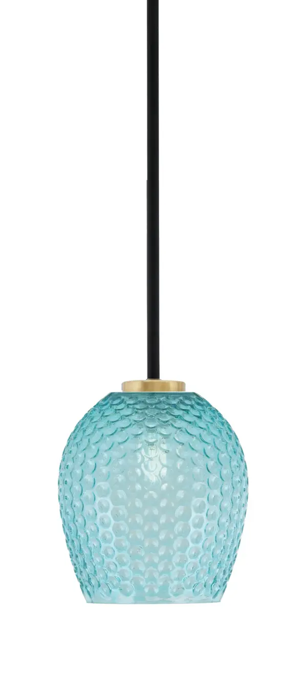 The Sandia Mini Pendant combines striking turquoise textured glass with a sophisticated matte black and aged brass finish. Its compact 7.5" size makes it perfect for kitchen islands, breakfast nooks, or as accent lighting.