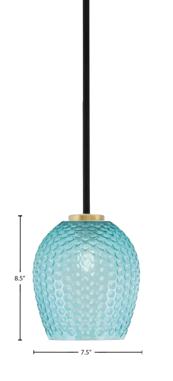 The Sandia Mini Pendant combines striking turquoise textured glass with a sophisticated matte black and aged brass finish. Its compact 7.5" size makes it perfect for kitchen islands, breakfast nooks, or as accent lighting. - alternate view