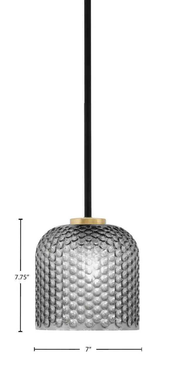 The Sandia mini pendant combines matte black and aged brass finishes with smoke textured glass for a sophisticated industrial look. At 7" wide, it's perfect for task lighting or clustered installations over islands and bars. - alternate view