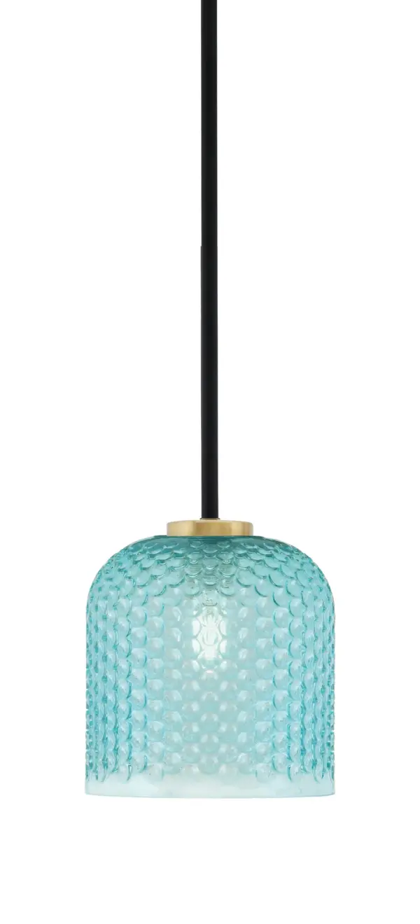 The Sandia Mini Pendant combines striking turquoise textured glass with a sophisticated matte black and aged brass finish. Its compact 7-inch size makes it perfect for kitchen islands, breakfast nooks, or as accent lighting in modern spaces.