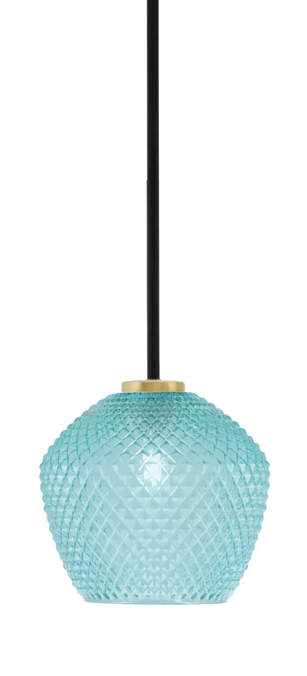 The Sandia Mini Pendant combines striking turquoise textured glass with a sophisticated matte black and aged brass finish. Perfect for adding a pop of color to kitchen islands or dining areas, this compact fixture offers excellent adjustability and works beautifully in modern and industrial spaces.