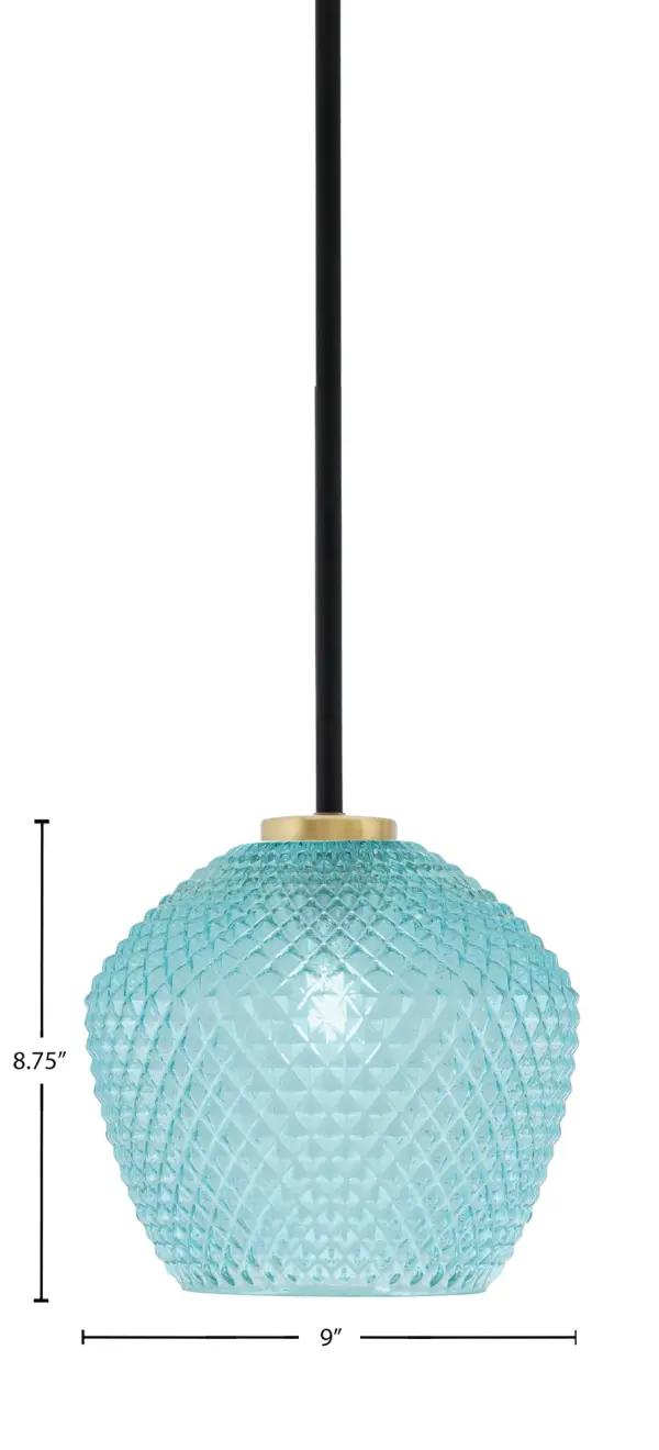The Sandia Mini Pendant combines striking turquoise textured glass with a sophisticated matte black and aged brass finish. Perfect for adding a pop of color to kitchen islands or dining areas, this compact fixture offers excellent adjustability and works beautifully in modern and industrial spaces. - alternate view