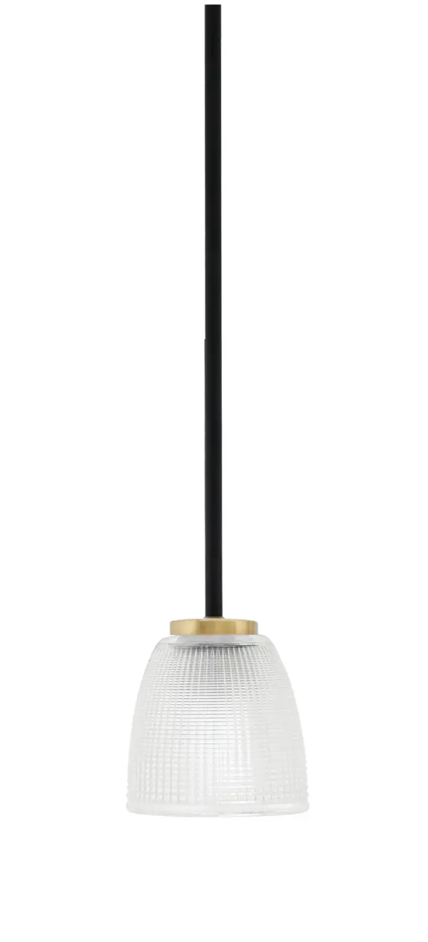 The Sandia mini pendant combines industrial style with refined details through its two-tone matte black and aged brass finish. The 5-inch clear ribbed glass shade adds texture while the compact size makes it perfect for smaller spaces or grouped installations.