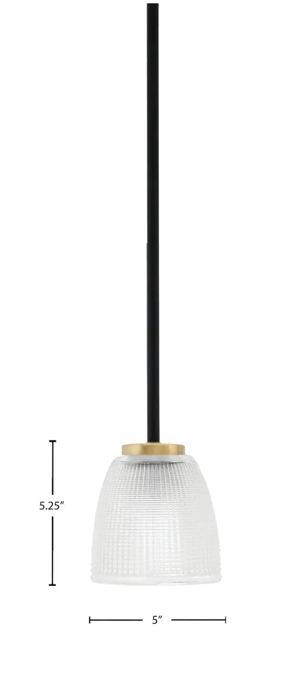 The Sandia mini pendant combines industrial style with refined details through its two-tone matte black and aged brass finish. The 5-inch clear ribbed glass shade adds texture while the compact size makes it perfect for smaller spaces or grouped installations. - alternate view