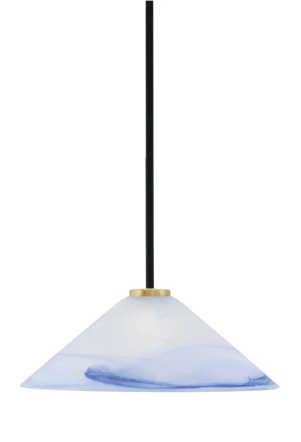 The Sandia pendant combines striking blue swirl glass with a modern matte black and aged brass finish. At 16" wide, it's perfectly sized for kitchen islands or dining areas, offering adjustable height and sloped ceiling compatibility.