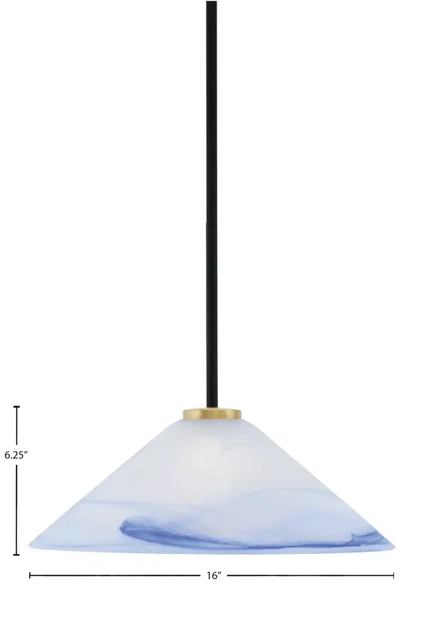 The Sandia pendant combines striking blue swirl glass with a modern matte black and aged brass finish. At 16" wide, it's perfectly sized for kitchen islands or dining areas, offering adjustable height and sloped ceiling compatibility. - alternate view