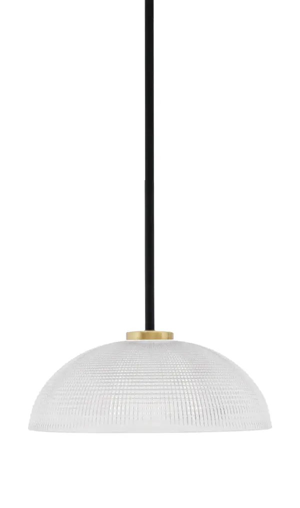 The Sandia pendant combines industrial charm with modern sophistication through its matte black and aged brass finish. The 13-inch clear ribbed glass shade creates beautiful light diffusion while the adjustable stem allows perfect height customization.