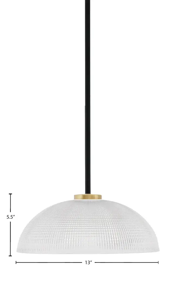 The Sandia pendant combines industrial charm with modern sophistication through its matte black and aged brass finish. The 13-inch clear ribbed glass shade creates beautiful light diffusion while the adjustable stem allows perfect height customization. - alternate view