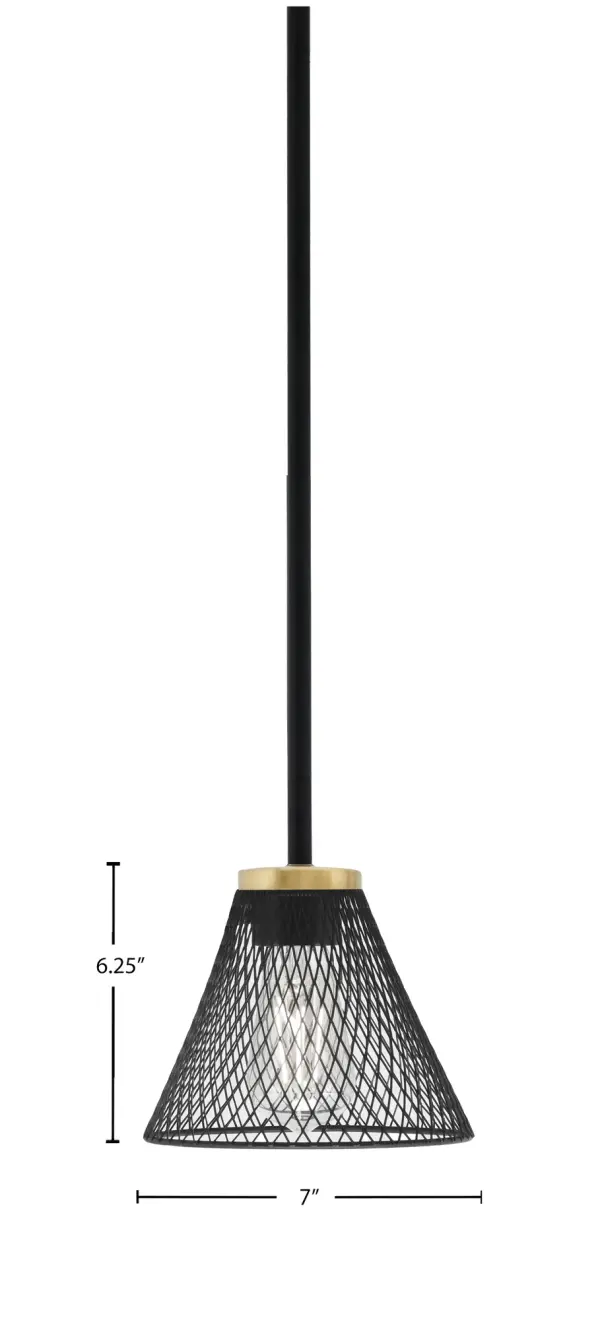 The Sandia mini pendant combines industrial mesh styling with modern two-tone finishes. Its compact 7-inch shade and adjustable stem make it perfect for task lighting or clustered installations over islands and bars. - alternate view